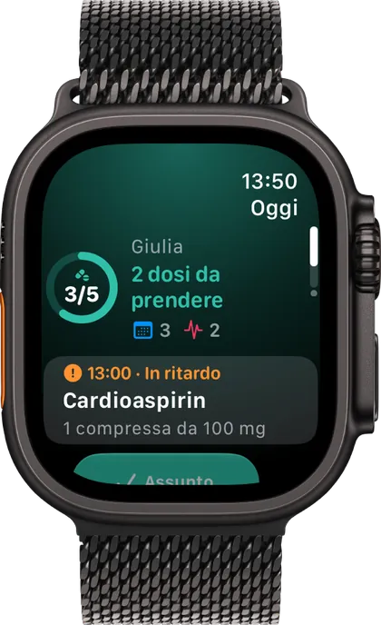Clino su Apple Watch: la pagina Oggi con 3 dosi su 5 e la dose delle 13:00, in ritardo, da segnare come assunta