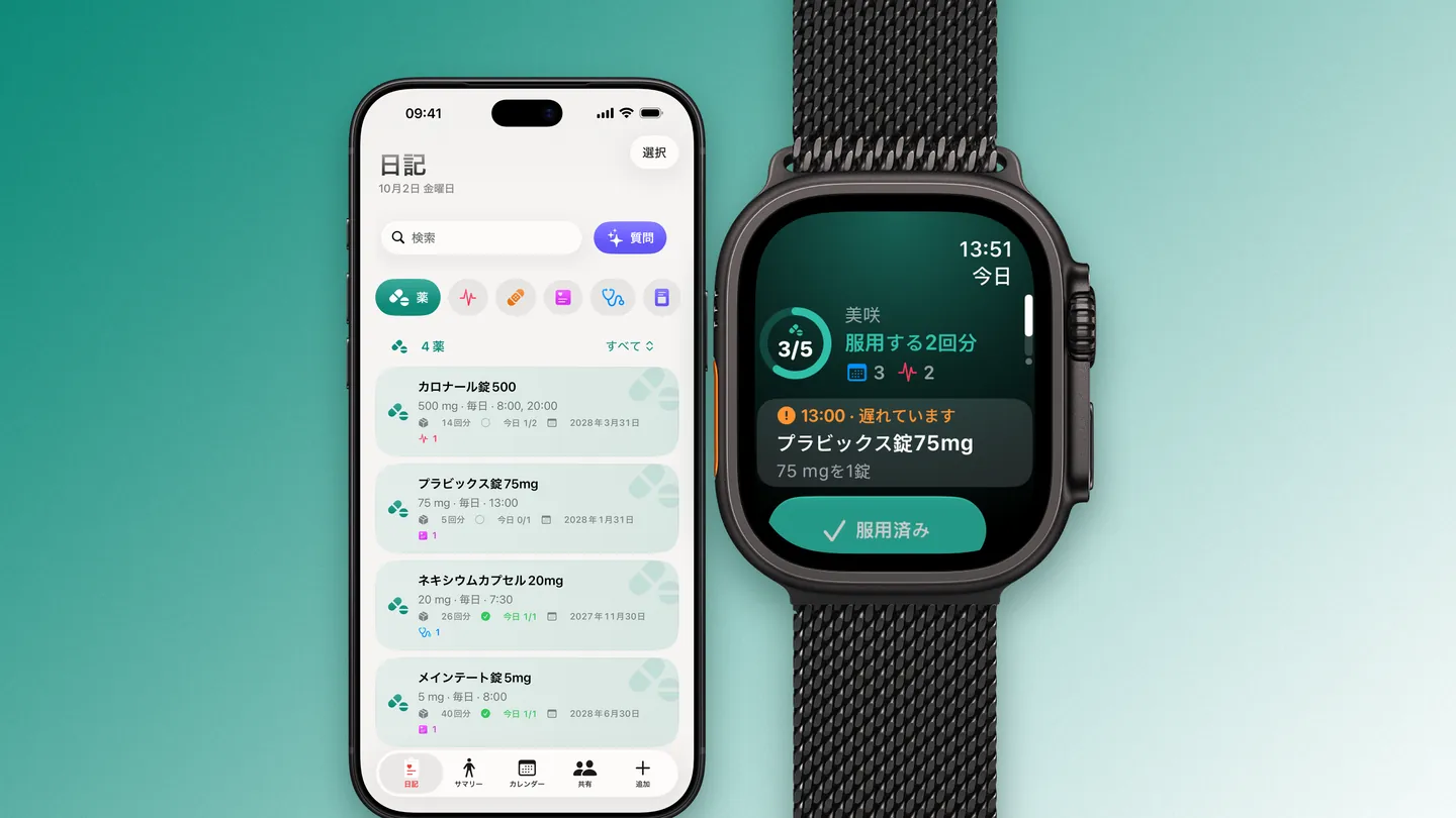 iPhoneとApple WatchのClino:日記と手首に同じ日の服薬(5回中3回)