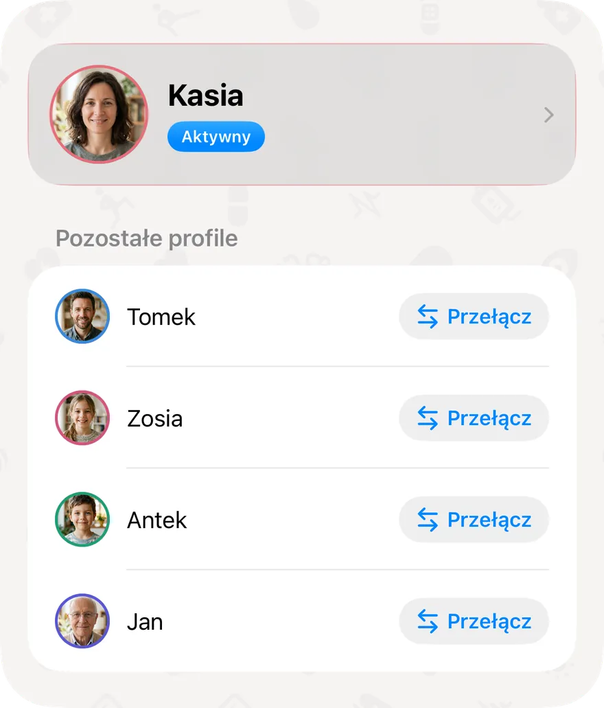 Zarządzaj profilami: Kasia jako aktywny profil i cztery inne osoby z rodziny, każda z własnym dziennikiem