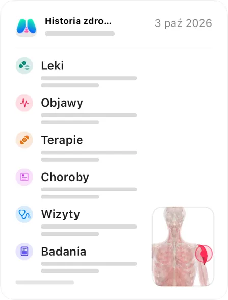 Pierwsza strona raportu PDF dla lekarza: historia zdrowia z sześcioma kategoriami i mapą ciała