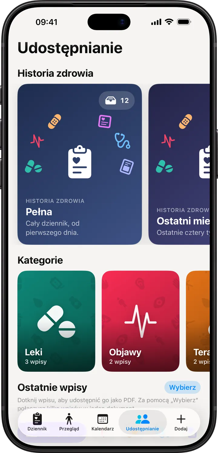 Clino na iPhonie: zakładka Udostępnianie z „Historia zdrowia”, „Kategorie” i „Ostatnie wpisy” do raportu PDF dla lekarza