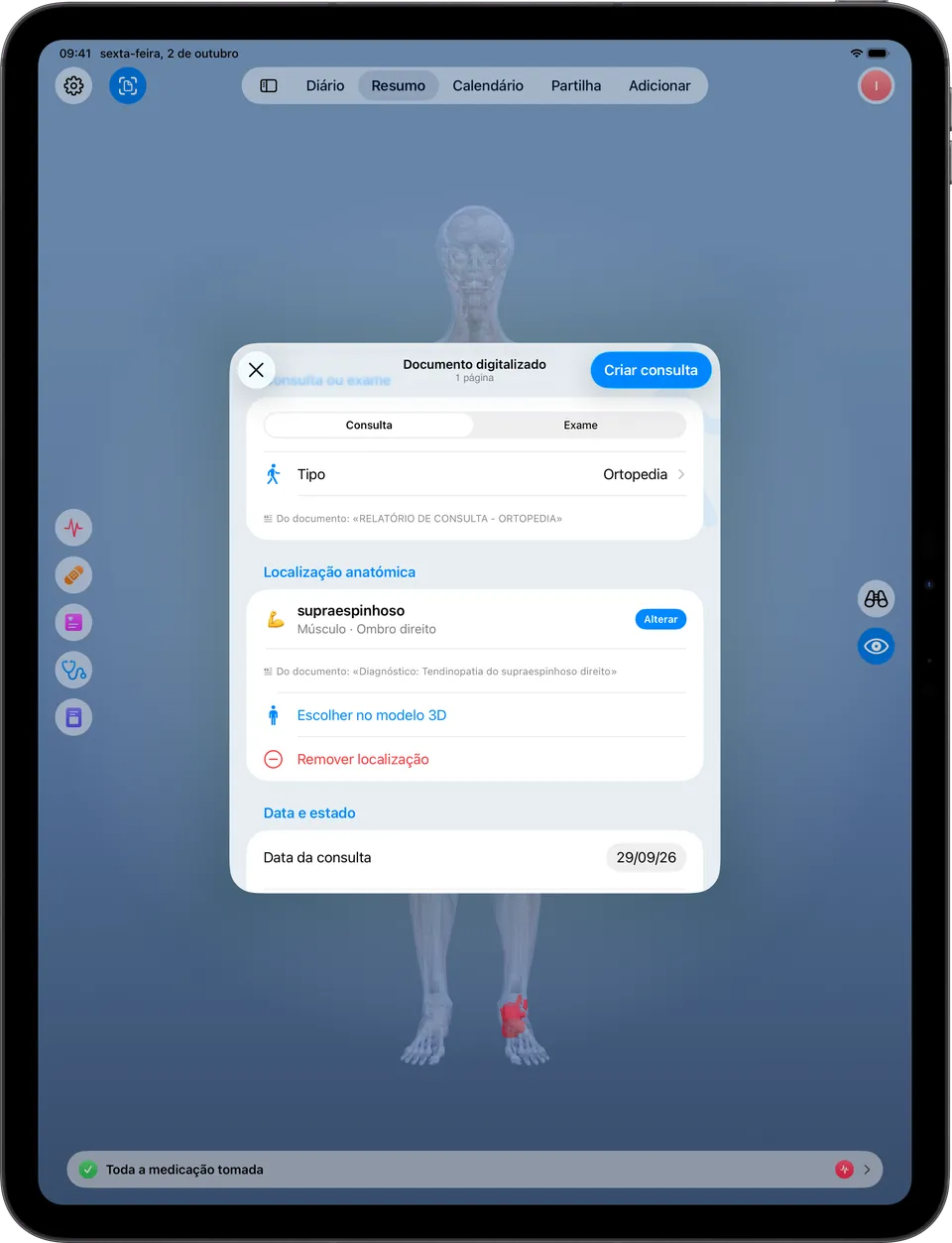 O Clino no iPad: a revisão de um relatório com a zona do corpo proposta no ombro direito, a confirmar antes de guardar