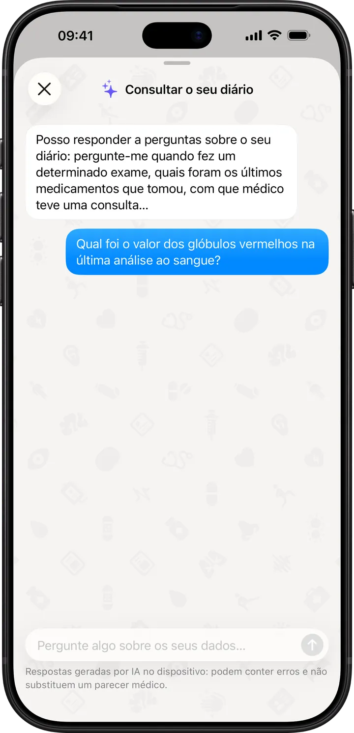 O Clino no iPhone: em «Consultar o seu diário», a pergunta sobre os glóbulos vermelhos da última análise ao sangue