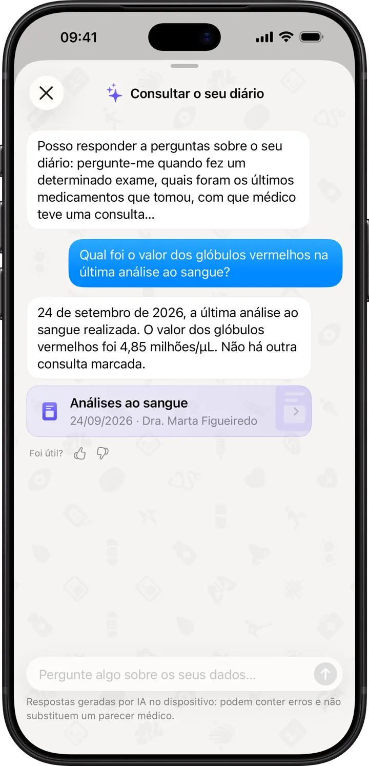 O Clino no iPhone: «Perguntar» responde com o valor dos glóbulos vermelhos registado no diário e mostra a entrada da análise