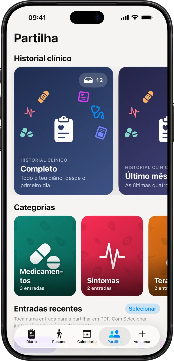 O Clino no iPhone: o separador Partilha com Historial clínico, Categorias e Entradas recentes para criar o relatório PDF para o médico
